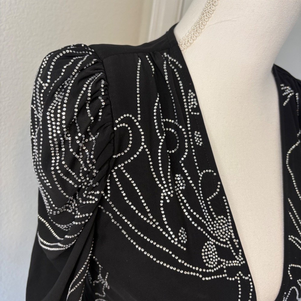 Rococo Sand Dream Black Rhinestone Floral Ruched Midi Dress Long Sleeve V-Neck S - Picture 3 of 8